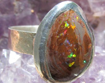 Boulder Opal Ring size 10 Sterling Silver Band Handmade Natural Australian Opal Ring