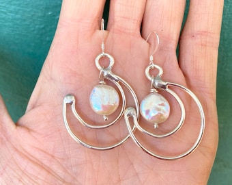 Freshwater Pearl Silver Crescent Moon Dangle Earrings HANDMADE jewelry
