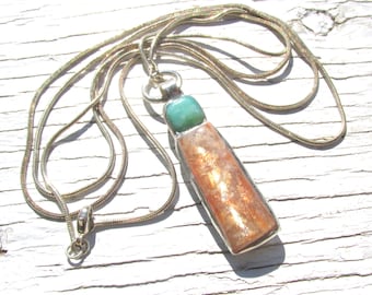 Sunstone & Chrysoprase Pendant on Long Silver Snake Chain 35" HANDMADE Gemstone Jewelry