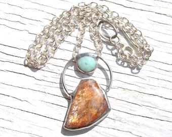 Sunstone & Chrysoprase Pendant on Silver Chain Necklace HANDMADE Natural Gemstone Jewelry