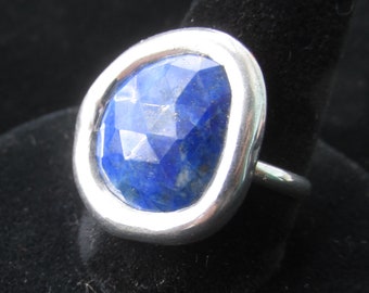 Faceted LAPIS LAZULI Ring  size 9 Sterling Silver Band HANDMADE Rose Cut Natural Lapis