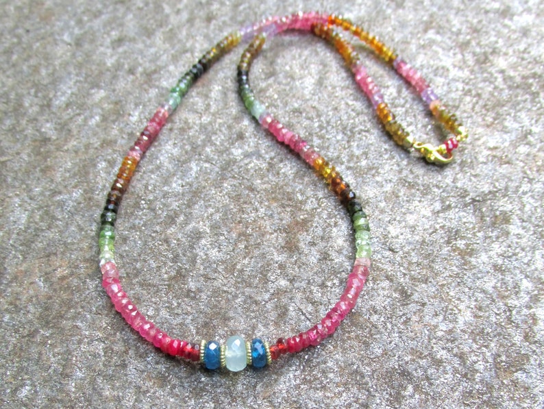Faceted Watermelon Tourmaline Necklace with Blue Apatite Center Bead HANDMADE Natural Gemstone Jewelry Beaded Necklace