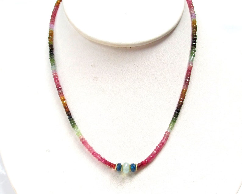 Faceted Watermelon Tourmaline Necklace with Blue Apatite Center Bead HANDMADE Natural Gemstone Jewelry Beaded Necklace
