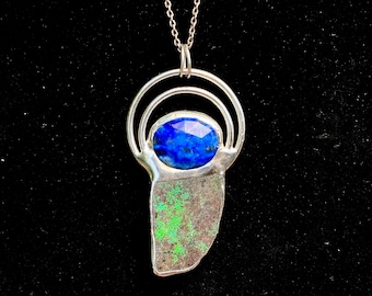 Andamooka Black OPAL & Lapis Pendant on Sterling Silver Chain Necklace NATURAL Australian Pinfire Opal