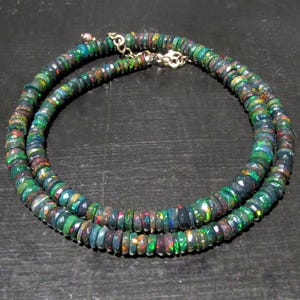 Faceted Black Opal Bead Necklace Sterling Silver Clasp Handmade Natural Gemstone Jewelry 6mm Ethiopian