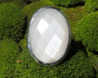 Rose Cut Moonstone Ring with Sterling Band size 6 3/4 Handmade Natural Gemstone Jewelry Statement Ring