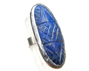 Handmade Carved LAPIS Ring with Sterling Band size 8.5 Natural Lapis Lazuli Statement Ring