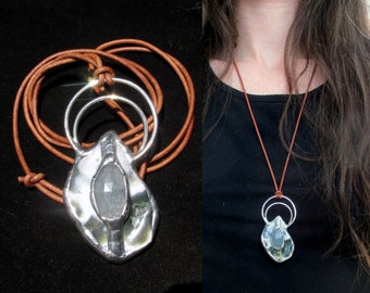 Facted Aquamarine & Ocean Jasper Pendant on Brown Leather Cord Necklace HANDMADE Unisex Handmade Crystal Jewelry