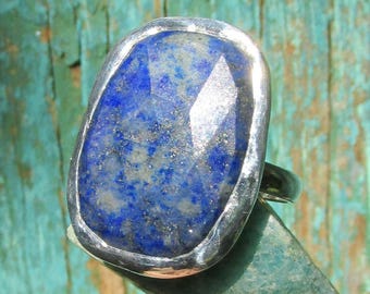 Large Faceted Lapis Lazuli Ring size 10 1/2 Sterling Silver Band Handmade Jewelry