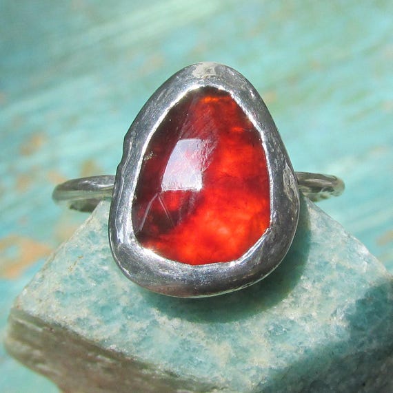 Faceted Hessonite Garnet Ring size 9 1/2 Hammered Sterling Silver Band Handmade Jewelry