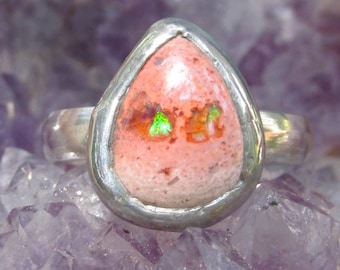 Ring aus natürlichem Opal, Größe 9 1/4, Sterlingsilberring, handgefertigt, mexikanischer Cantera-Feueropal
