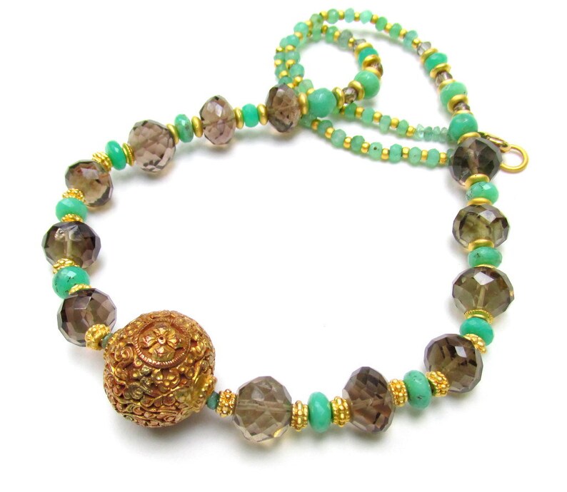 Artisan Handmade Jewelry Chrysoprase /& Smokey Quartz with Carved Tibetan Gold Plated Focal Bead Natural Gemstone Beads