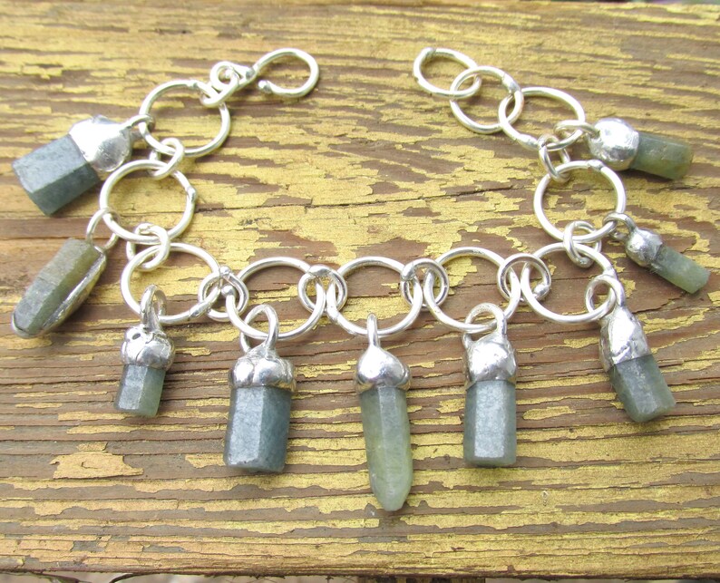 Silver Chain Bracelet with RAW Hexagonal SAPPHIRE Crystal Dangles HANDMADE Natural Gemstone /& Silver Link Bangle Jewelry