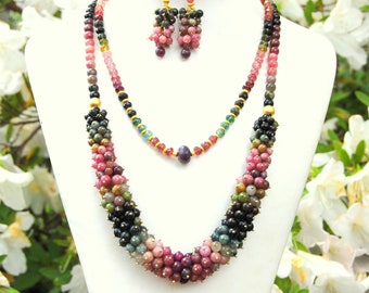 Watermelon Tourmaline Beaded "Bubble" Necklace HANDMADE Natural Gemstone Jewelry