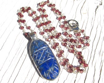 Carved Lapis Pendant on Faceted Rhodolite Garnet Bead Chain Necklace HANDMADE Gemstone Jewelry