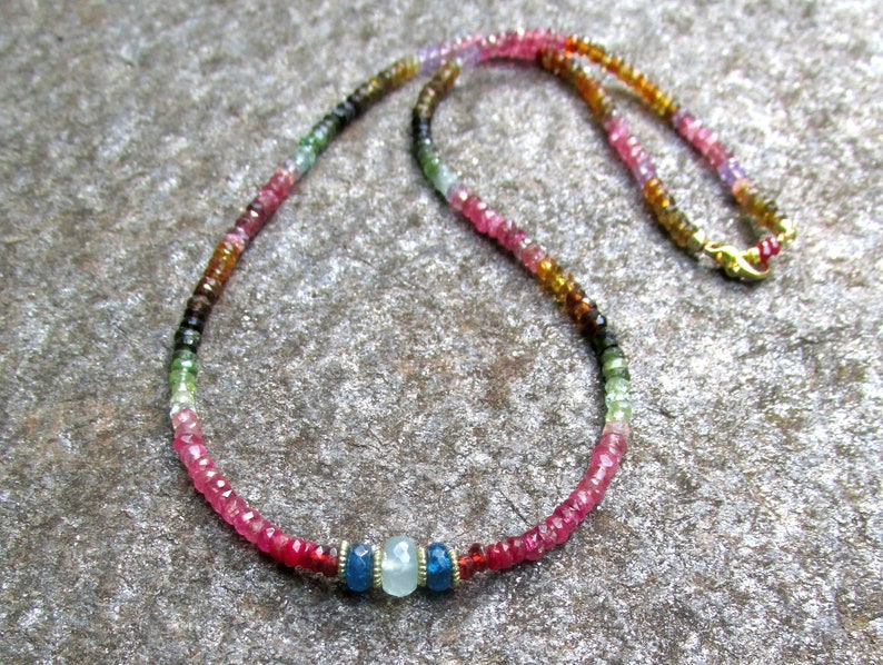 Faceted Watermelon Tourmaline Necklace with Blue Apatite Center Bead HANDMADE Natural Gemstone Jewelry Beaded Necklace