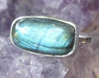 Labradorite Ring with Wide Sterling Silver Band size 8 3/4 Handmade Natural Gemstone Jewelry