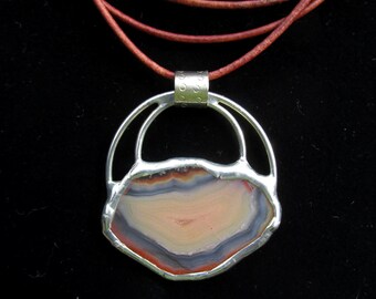 Laguna Agate Pendant on Leather Cord Necklace HANDMADE Gemstone Jewelry UNISEX