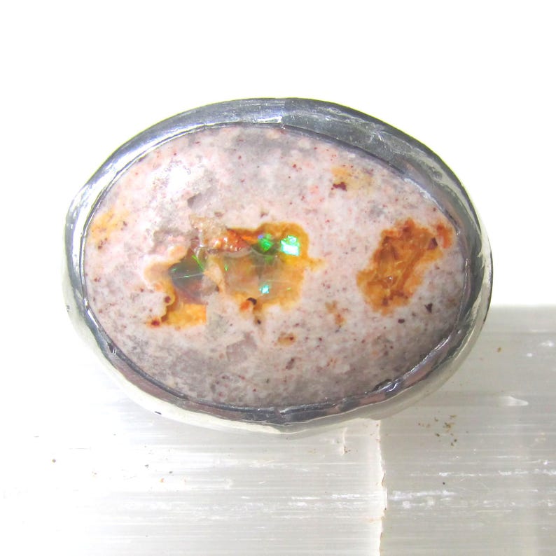Natural Opal Ring size 9 1/4 Sterling band Handmade Mexican Cantera Fire Opal image 11