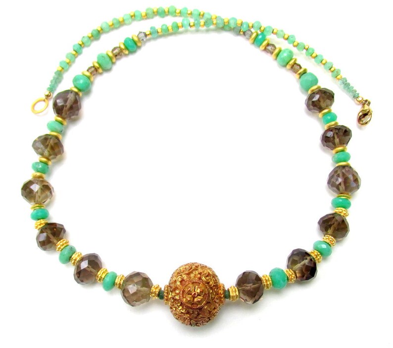 Artisan Handmade Jewelry Chrysoprase /& Smokey Quartz with Carved Tibetan Gold Plated Focal Bead Natural Gemstone Beads