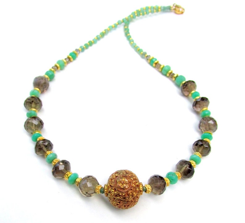 Artisan Handmade Jewelry Chrysoprase /& Smokey Quartz with Carved Tibetan Gold Plated Focal Bead Natural Gemstone Beads