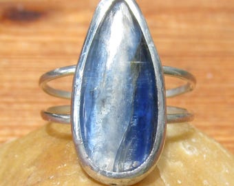 Anillo de cianita azul talla 9 1/4, banda de plata de ley, joyería de piedras preciosas hecha a mano.