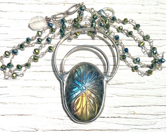 Carved Labradorite Pendant on Faceted Bead Chain Necklace Handmade Natural Gemstone Jewelry