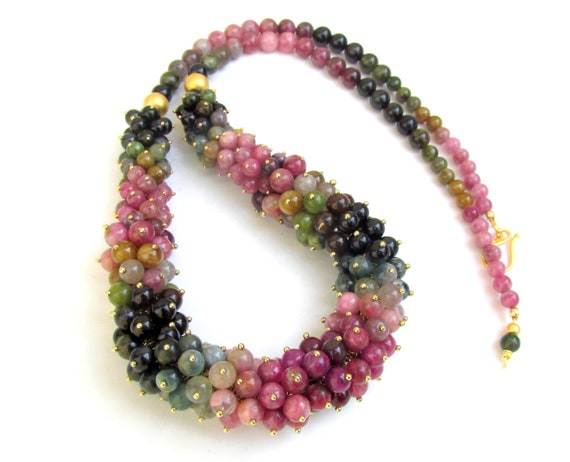 Faceted Watermelon Tourmaline Necklace with Blue Apatite Center Bead HANDMADE Natural Gemstone Jewelry Beaded Necklace