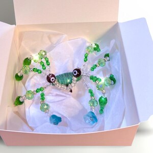 Hermit Crab, Handmade, Beaded, Green, Silver, Figurine, Home Decor, Ocean, Beach, Sea, Coastal, Bling, shells, sand,  roach, Hook