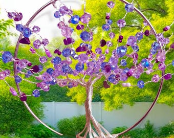 Handmade Purple Blue Tree of Life Light Sun Catcher, Bird, Silver Wire, Crystal, Glass