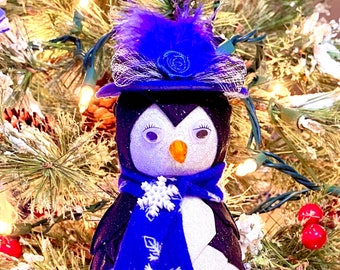 Penguin Ornament Scarf Hat Decoration,  Blue White, No Sew Quilted, Christmas, Tree, Gift, Present, keepsake,  Birthday, Door Hanger