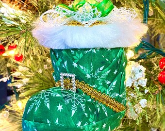 Boot Ornament Santa Baby Decoration, Green White, No Sew Quilted, Christmas, Tree, Gift, Present, keepsake, Birthday, Door Hanger