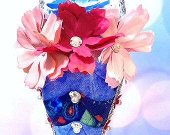Floral Basket Ornament Decoration, Memorial, Blue Red, No Sew Quilted, Christmas, Gift, Present, keepsake, Day, Birthday, Door Car Hanger