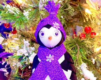 Penguin Ornament Scarf Hat Decoration,  Purple White, No Sew Quilted, Christmas, Tree, Gift, Present, keepsake,  Birthday, Door Hanger