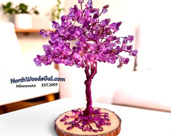 Wire Tree of Life Sculpture, Home Decor, Purples, Roots, Beads, Sparkles, Butterfly, Bird