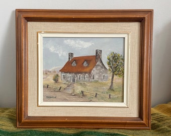 Original vintage oil painting, landscape with cottage from Québec, Canada, in the 1950s