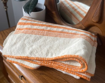 Vintage Hand Woven Cream and Orange Stripe Wool Blanket