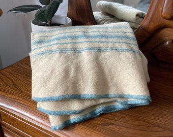 Vintage Hand Woven Cream and Blue Stripe Wool Blanket