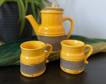 Vintage Yellow Tea Set Laurentian Pottery Rough Glaze Two Mugs + Tea Pot from Quebec, Canada