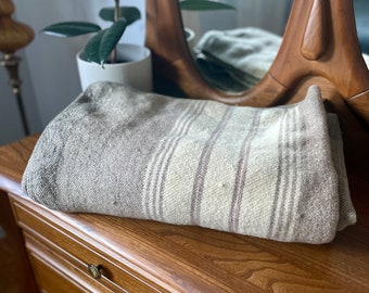 Vintage Hand Woven Grey "Denim" Striped Wool Blanket circa 1930s