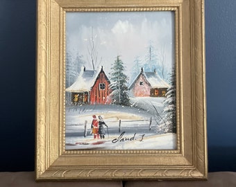 Original vintage oil painting, winter landscape with cottage from Québec, Canada, in the 1950s