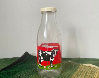 Vintage Milk Bottle Glass with Cow Farmhouse Design Made in France