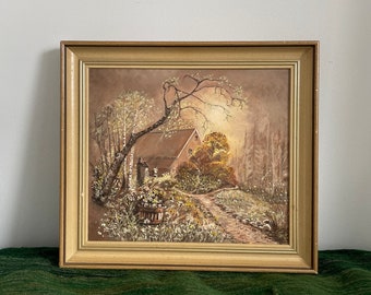 Original vintage oil painting, landscape with cottage from Québec, Canada, in the 1980s