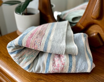 Antique Catalogne Rag Blanket Red, Blue and White Stripes from Quebec, Canada