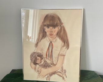 Vintage Pastel Drawing of a Girl Holding a Doll 1980s Decor