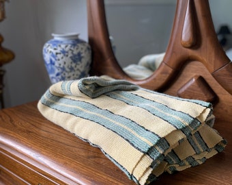 Antique Catalogne Rag Blanket Blue, Yellow and White Stripes from Quebec, Canada