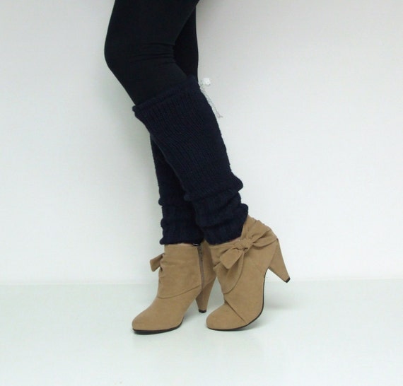 Items similar to Navy blue leg warmers with lace trim bow Upcycled on Etsy