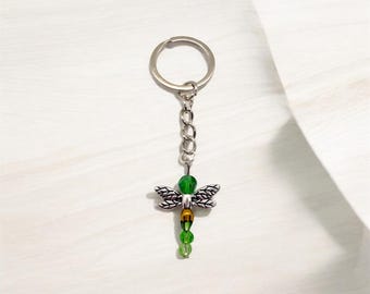 Handmade Green Beaded Dragonfly Keychain: Nature Lover Gift