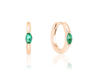 Emerald Solitaire Hoops, 14K 18K Solid Gold Earrings, Natural Emerald Earrings, Dainty Emerald Hoops, May Birthstone Gift