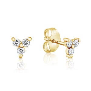Pendientes pequeños con flores pequeñas y brillantes de oro macizo de 14 quilates/18 quilates, pendientes florales con diamantes de oro macizo auténtico, regalo para ella